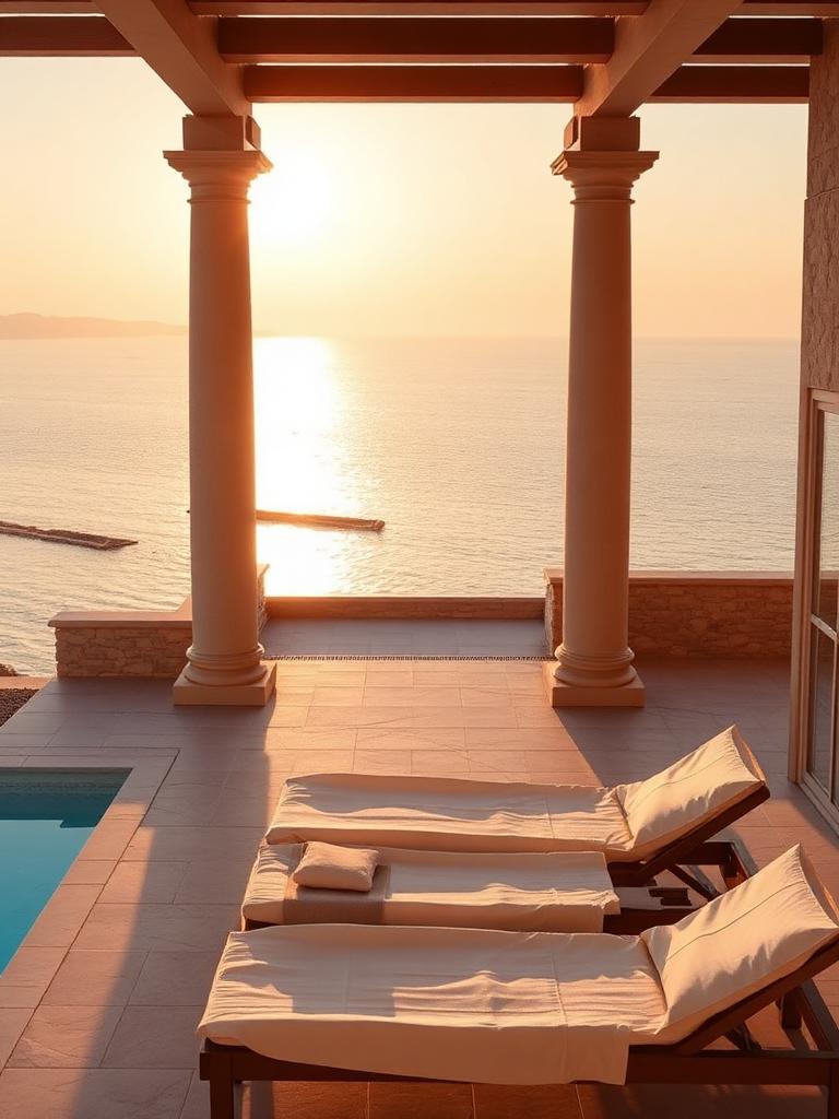 Villa terrace with sea view at golden hour