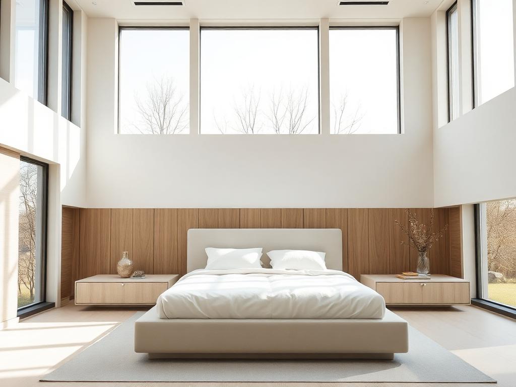 Minimalist luxury bedroom with tall windows